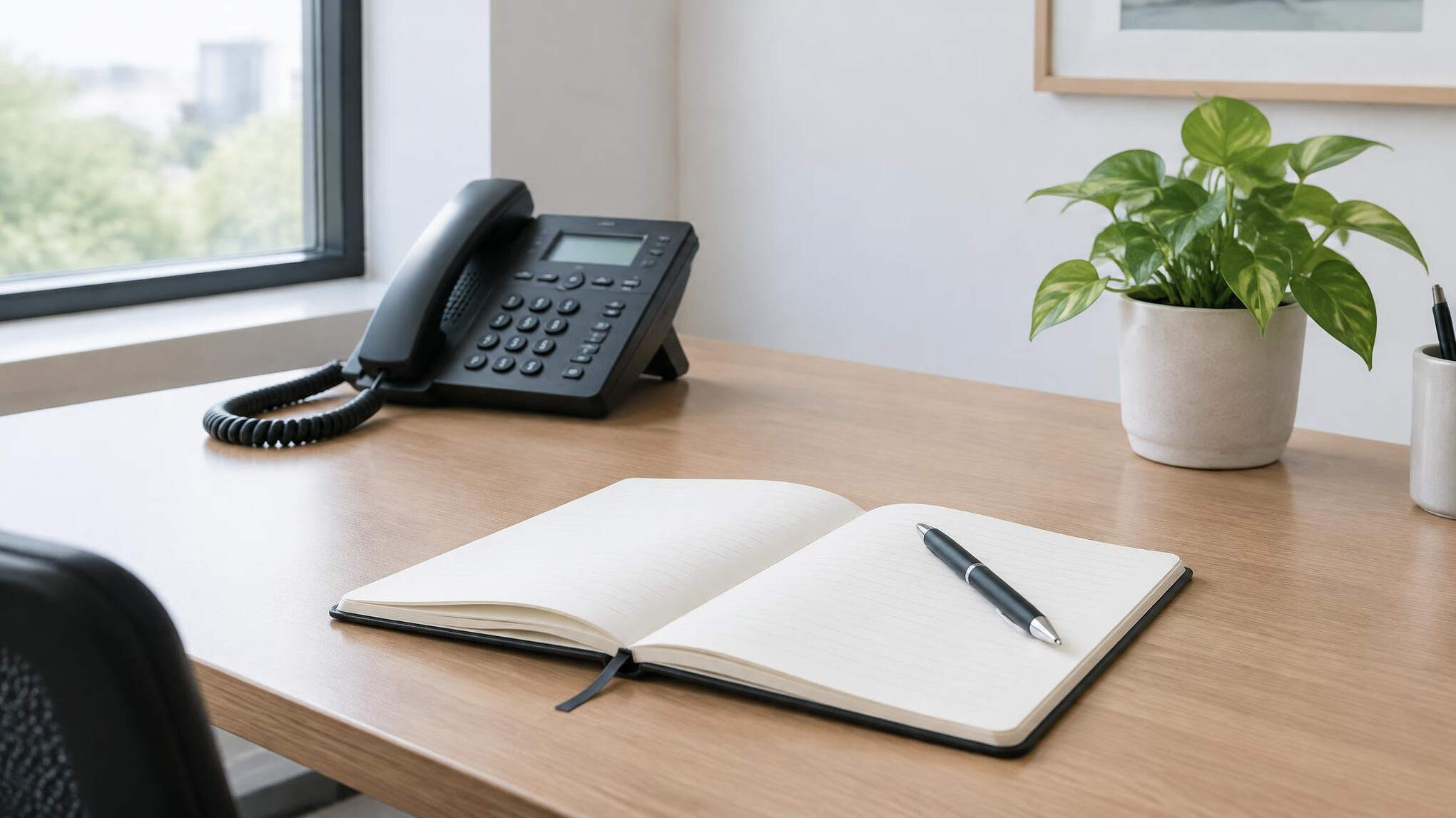 Mesa de escritório organizada com telefone, caderno e caneta